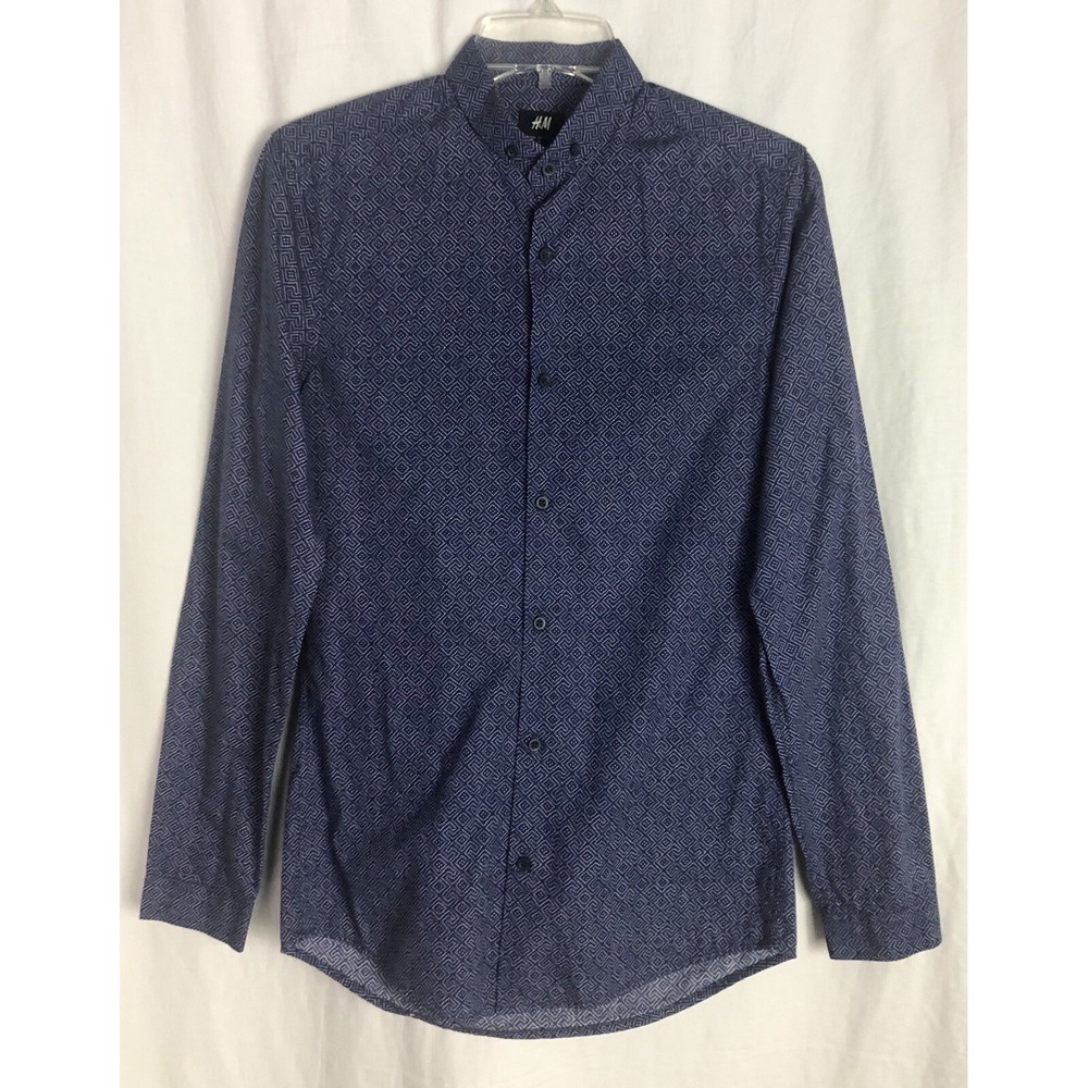 H&M Shirt Mens XS Blue Button Up Long Sleeve Casual 100%‎ Cotton Geometric